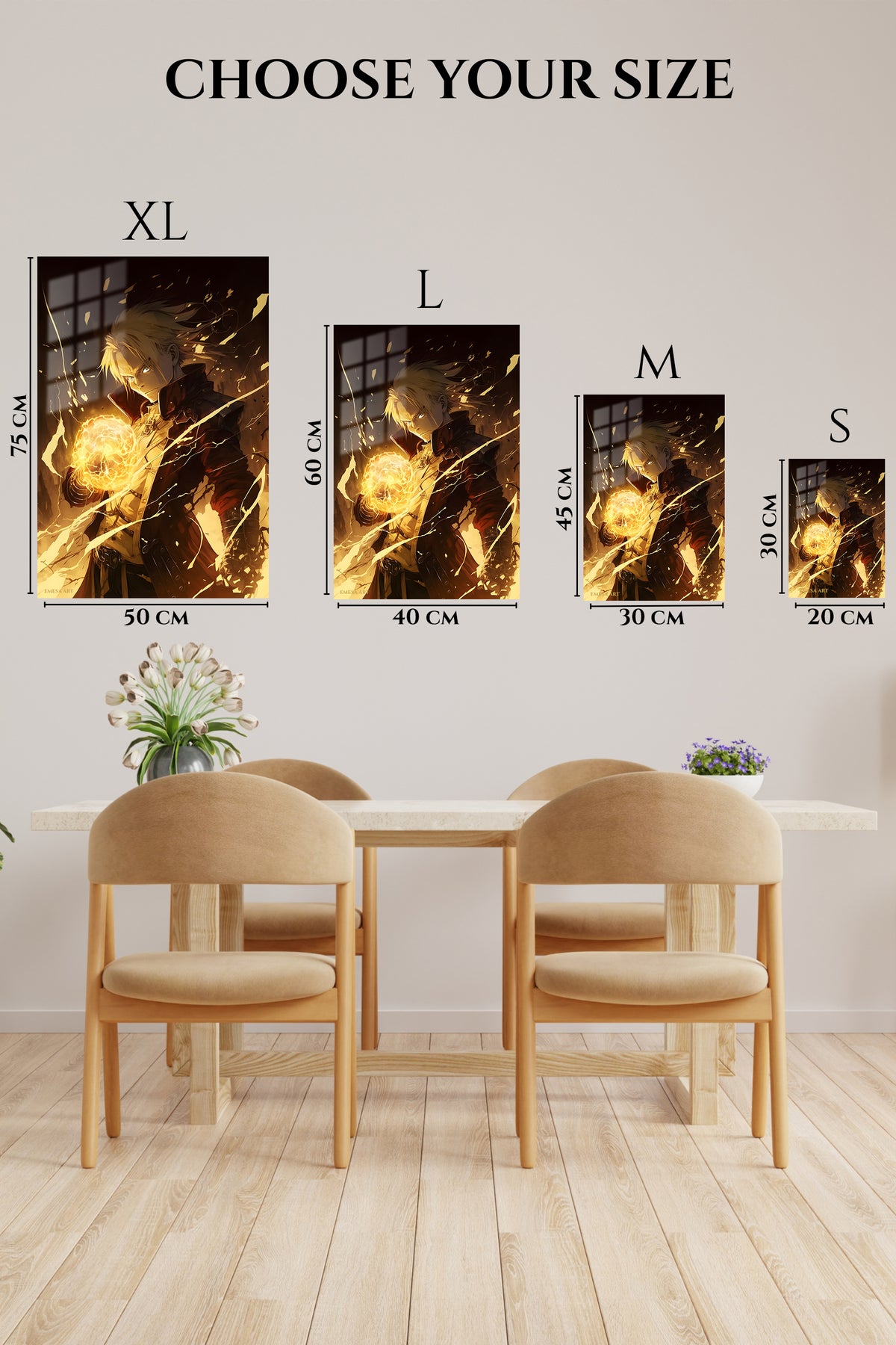 EMESA metal wall art size comparison guide for Golden Arcane Warrior