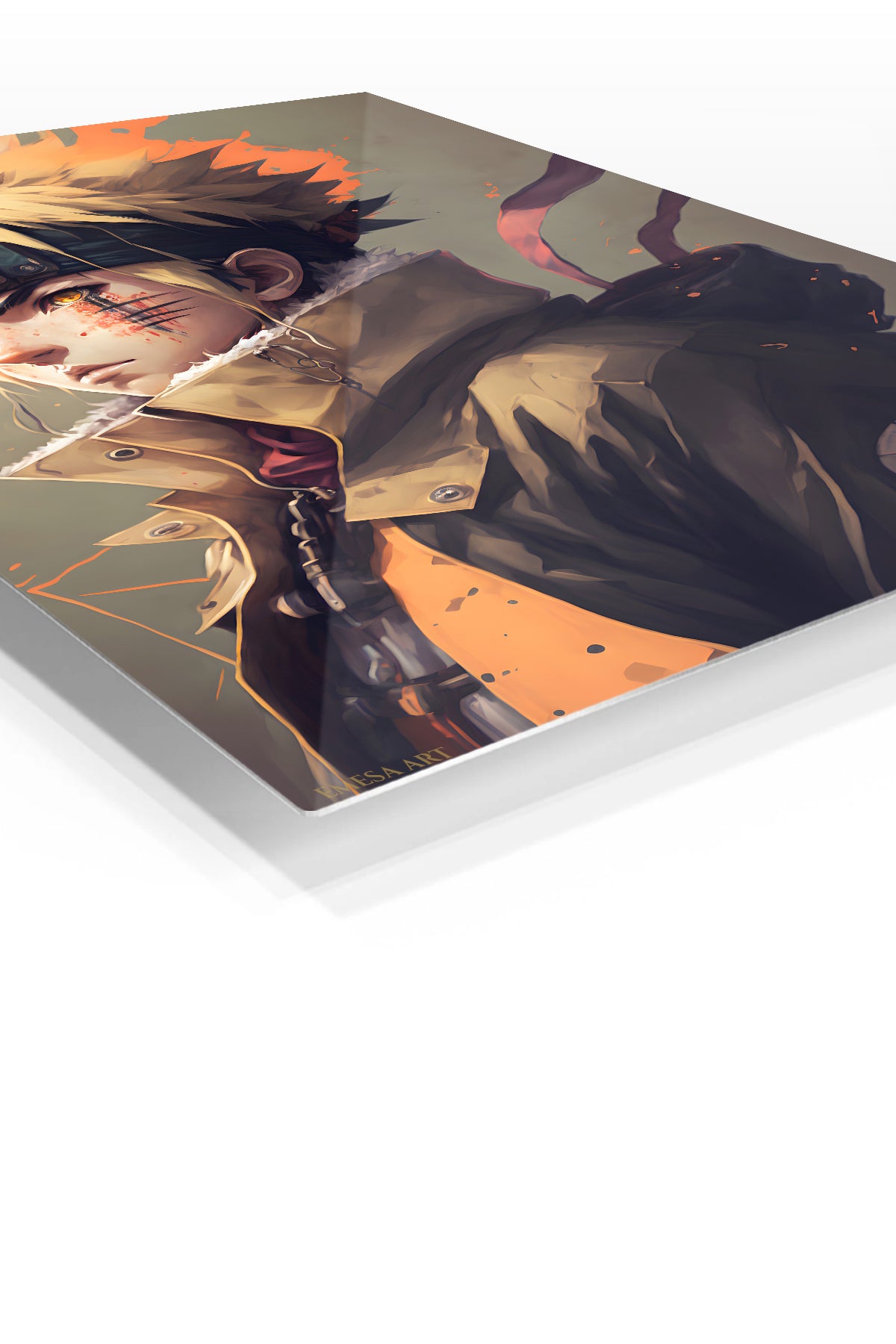 Ember-Eyed Ninja Portrait premium metal wall art Ã¢â‚¬â€œ angled view