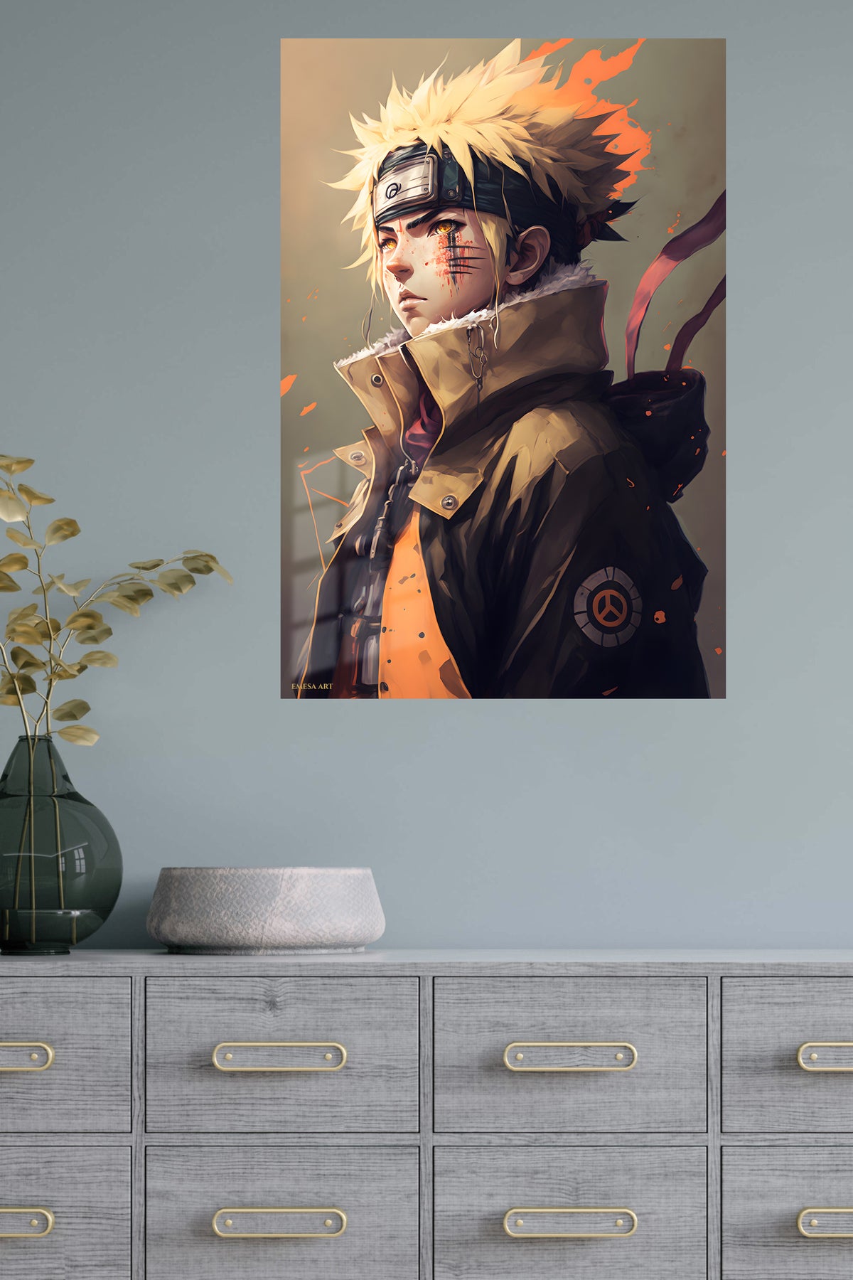 Ember-Eyed Ninja Portrait metal wall art displayed in a modern interior