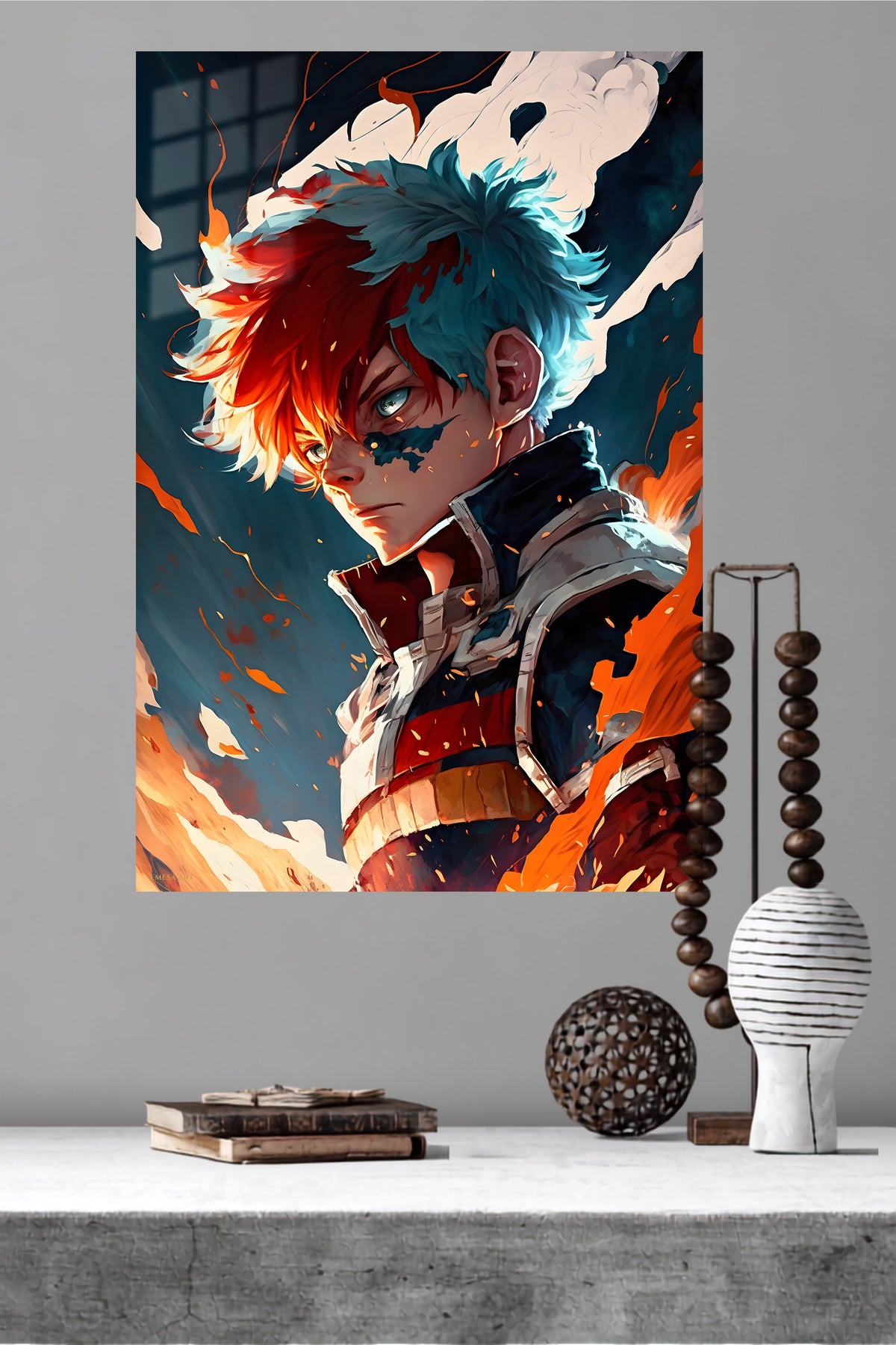 Dual Flame Hero Portrait metal wall art displayed in a modern interior