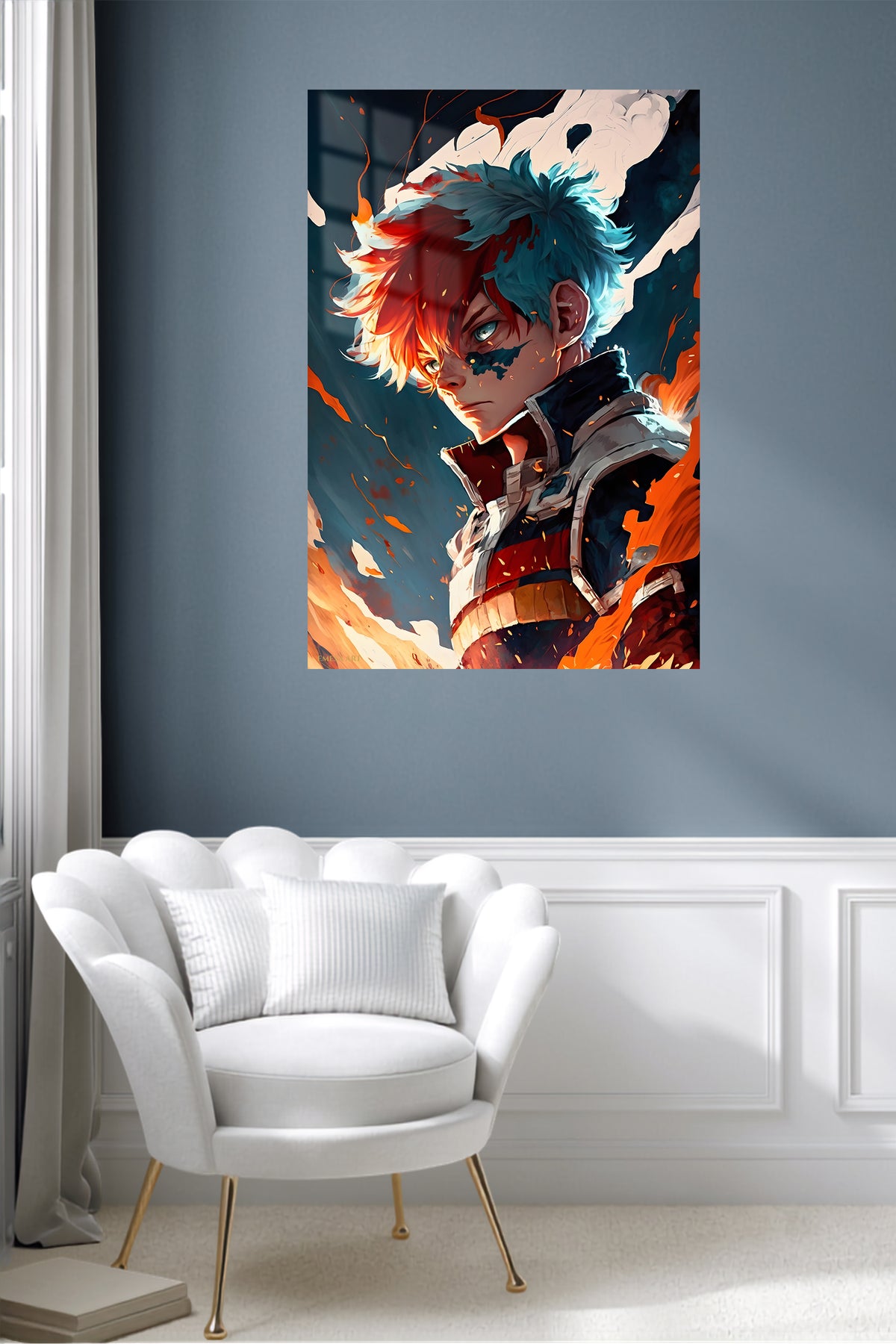 Dual Flame Hero Portrait metal wall art displayed in a contemporary living space
