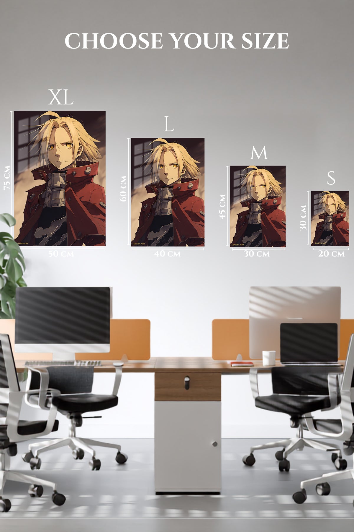 EMESA metal wall art size comparison guide for Golden-Eyed Warrior Portrait