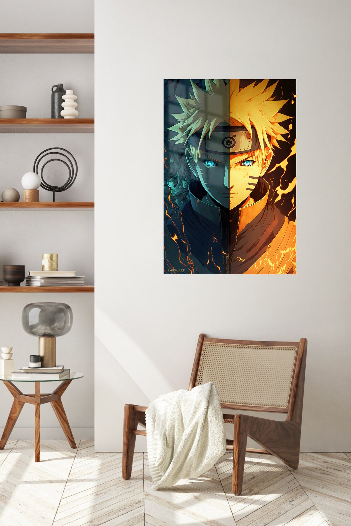 Fire and Frost Ninja Portrait metal wall art displayed in a contemporary living space