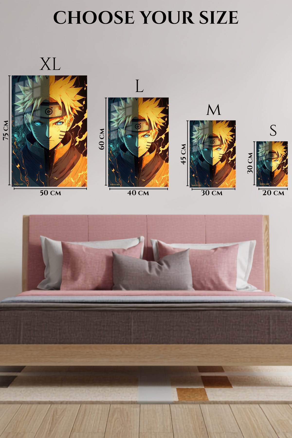 EMESA metal wall art size comparison guide for Fire and Frost Ninja Portrait
