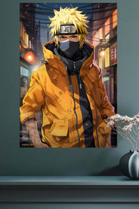 Masked Ninja in Golden Jacket metal wall art displayed in a modern interior