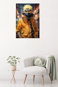 Masked Ninja in Golden Jacket metal wall art displayed in a contemporary living space