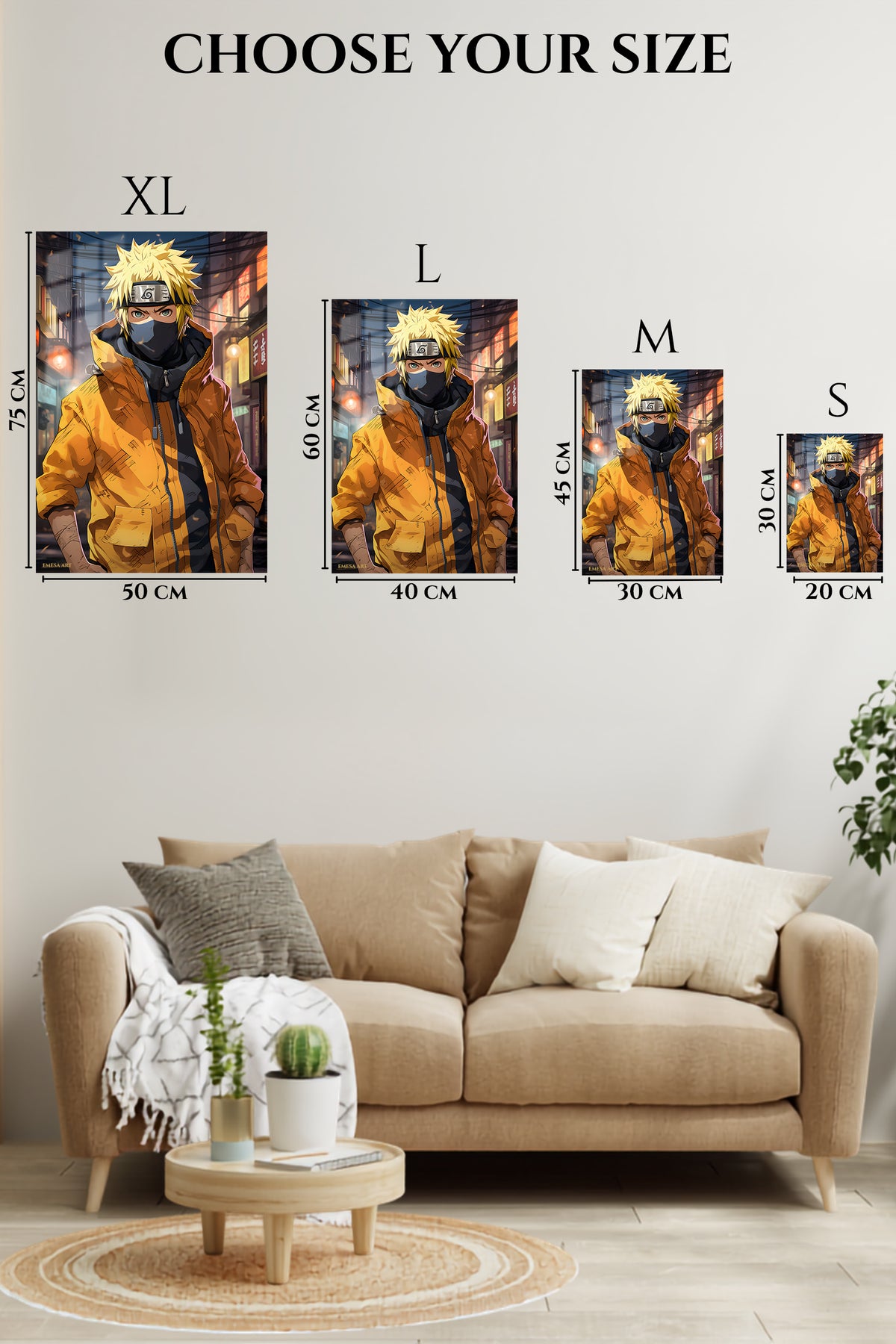 EMESA metal wall art size comparison guide for Masked Ninja in Golden Jacket