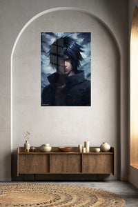Crimson-Eyed Haze Warrior metal wall art displayed in a contemporary living space