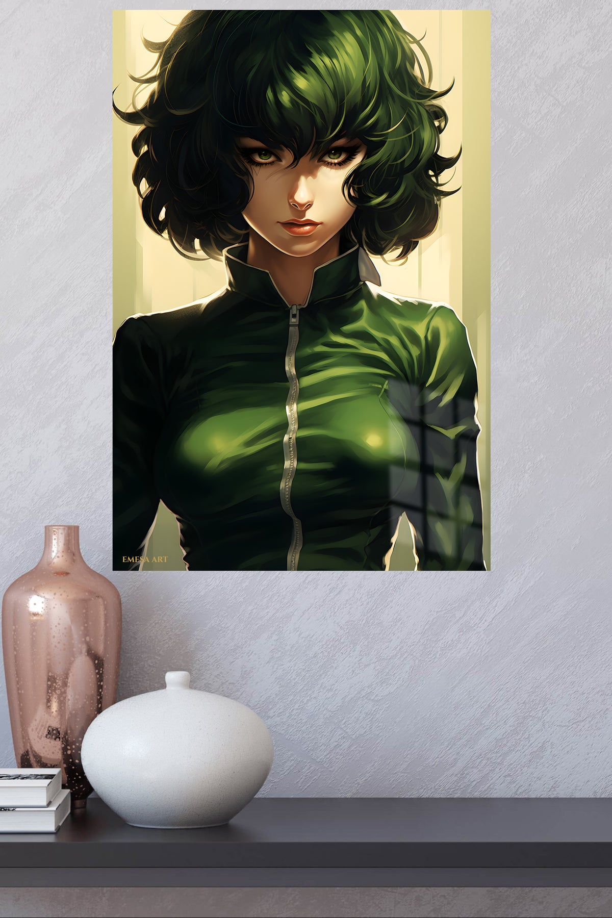 Emerald Gaze Portrait metal wall art displayed in a modern interior