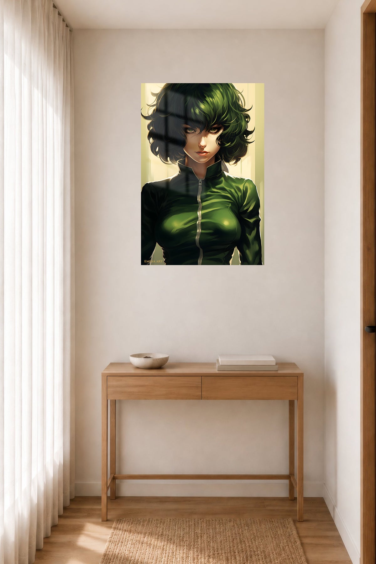 Emerald Gaze Portrait metal wall art displayed in a contemporary living space