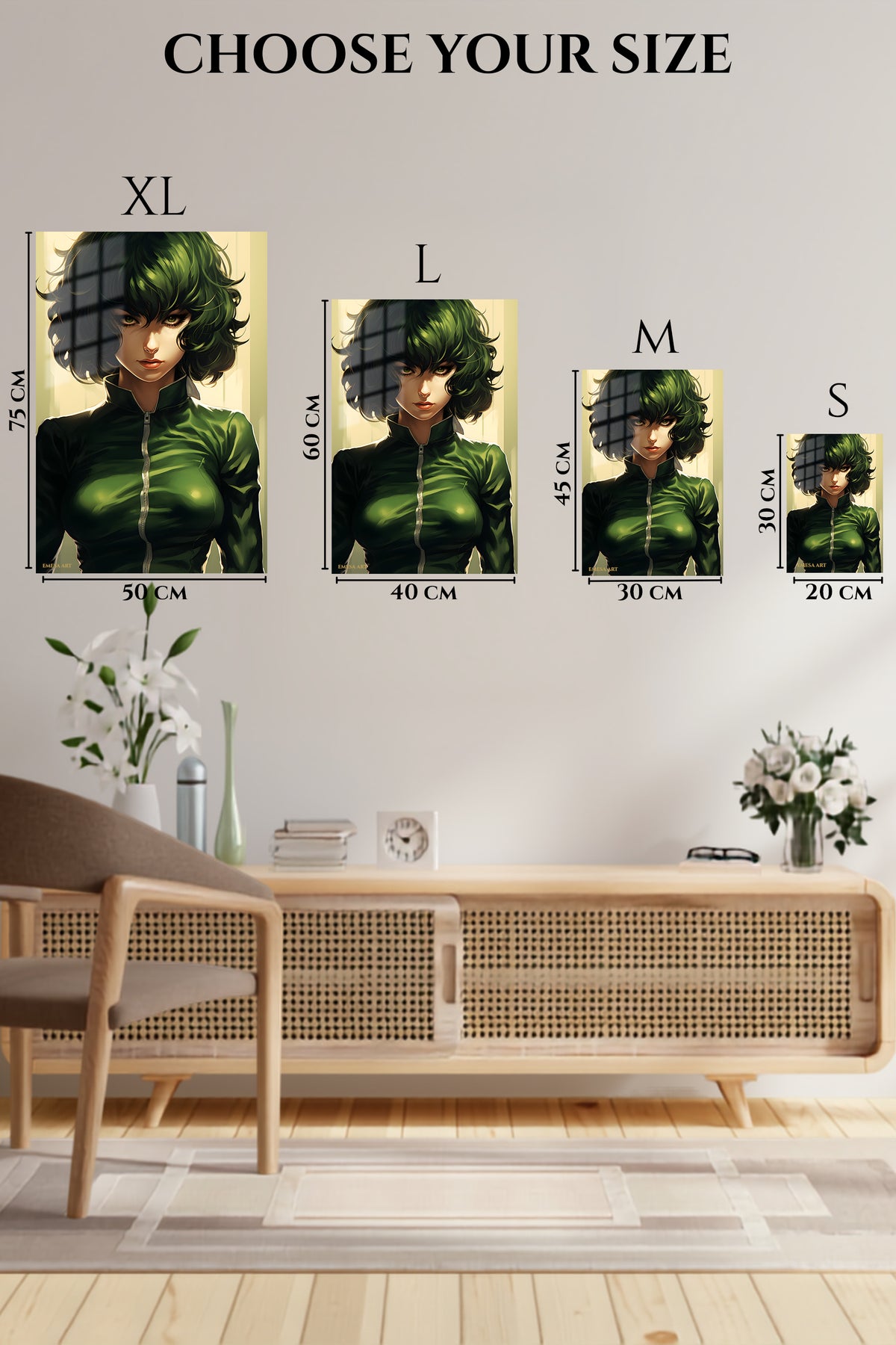 EMESA metal wall art size comparison guide for Emerald Gaze Portrait