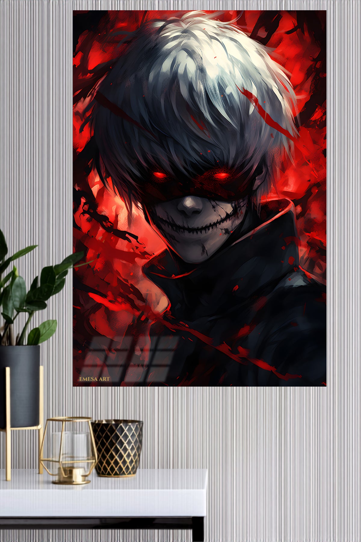 Crimson Grin Shadow Warrior metal wall art displayed in a modern interior