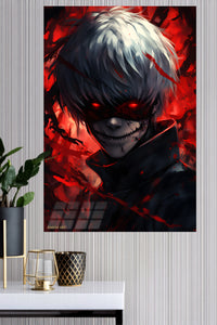 Crimson Grin Shadow Warrior metal wall art displayed in a modern interior