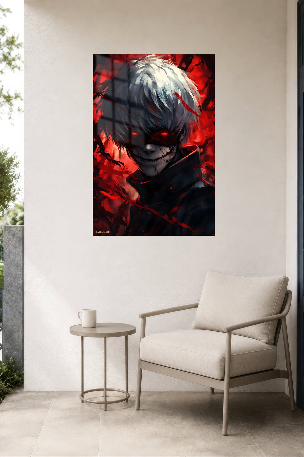 Crimson Grin Shadow Warrior metal wall art displayed in a contemporary living space