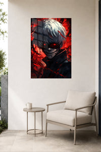 Crimson Grin Shadow Warrior metal wall art displayed in a contemporary living space