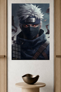 Silver-Haired Masked Warrior metal wall art displayed in a modern interior