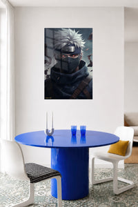 Silver-Haired Masked Warrior metal wall art displayed in a contemporary living space