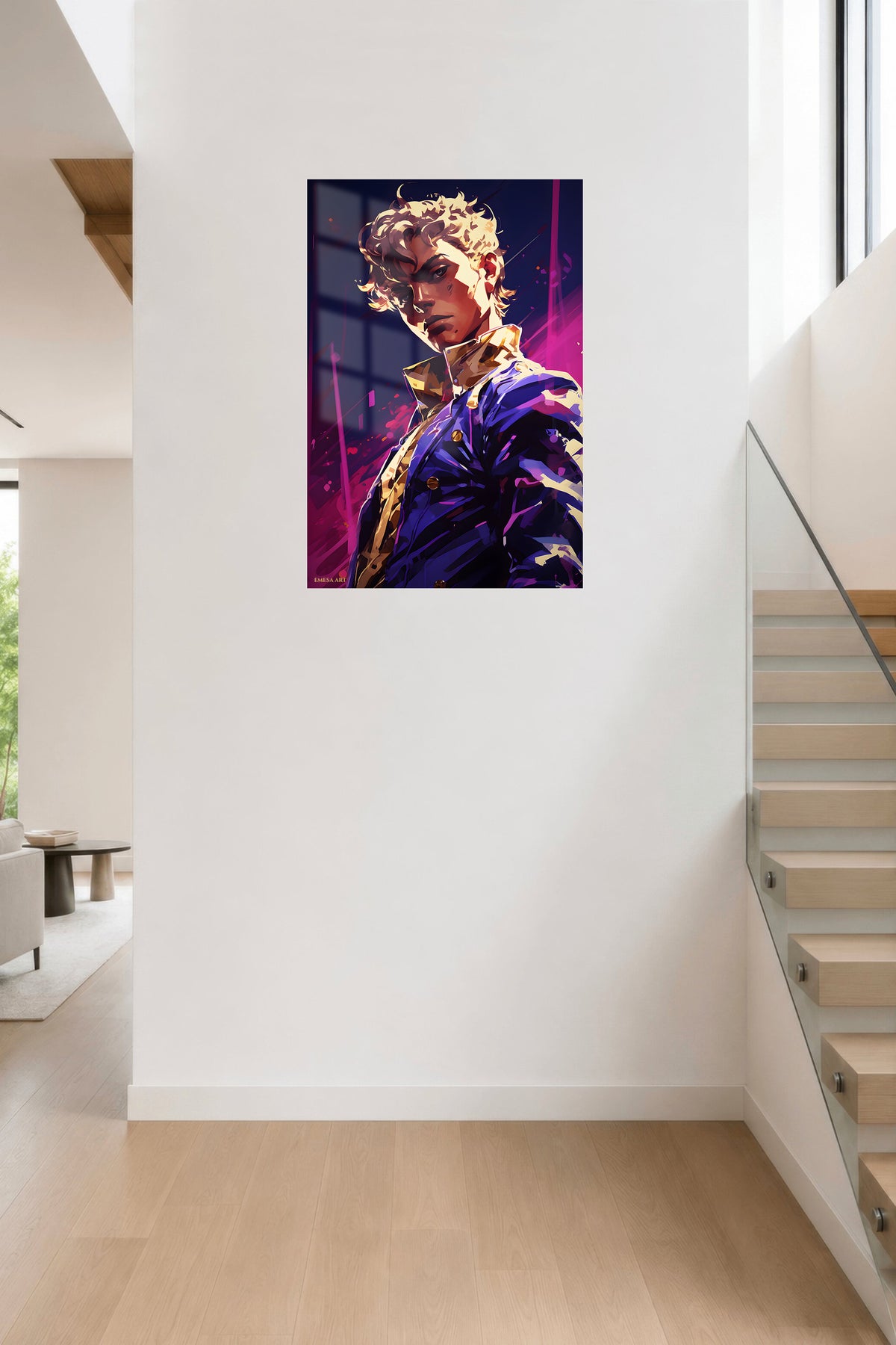 Neon Gaze Warrior Portrait metal wall art displayed in a contemporary living space
