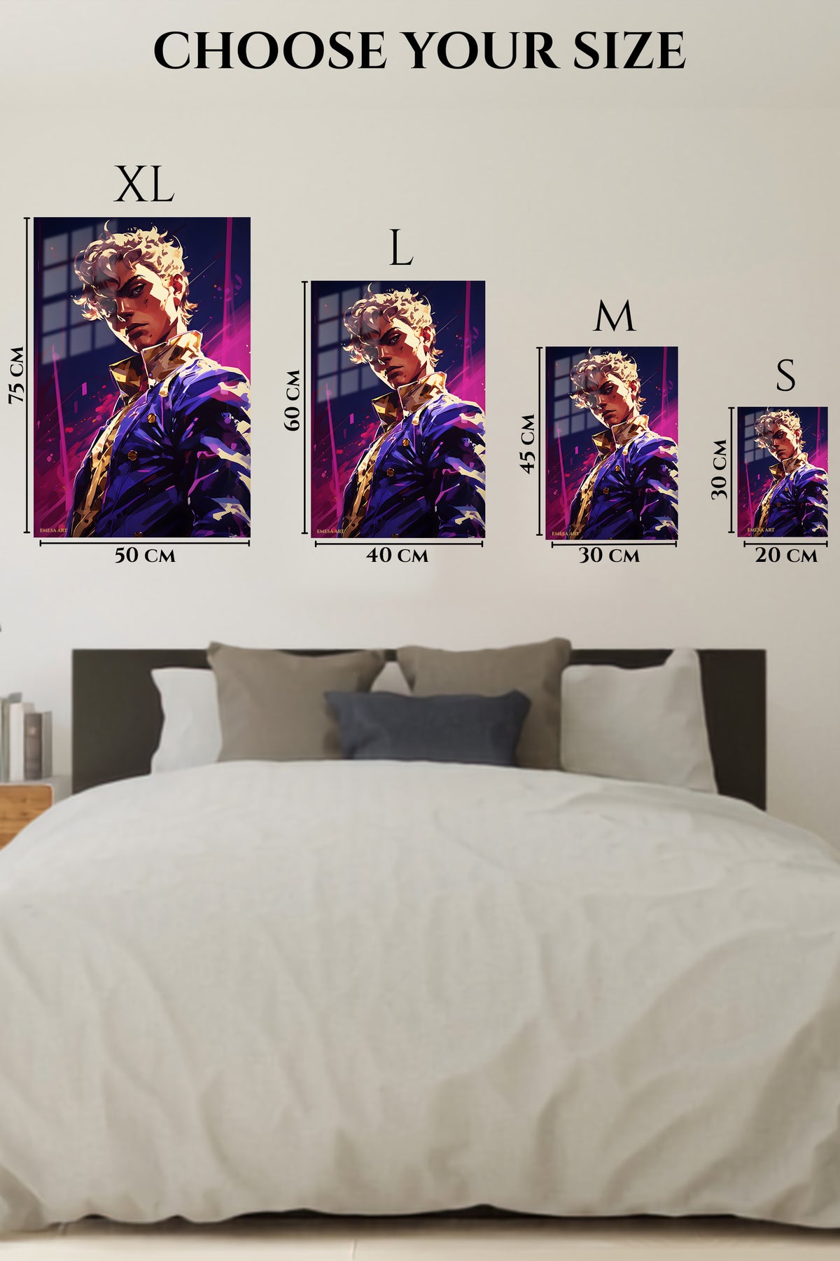 EMESA metal wall art size comparison guide for Neon Gaze Warrior Portrait