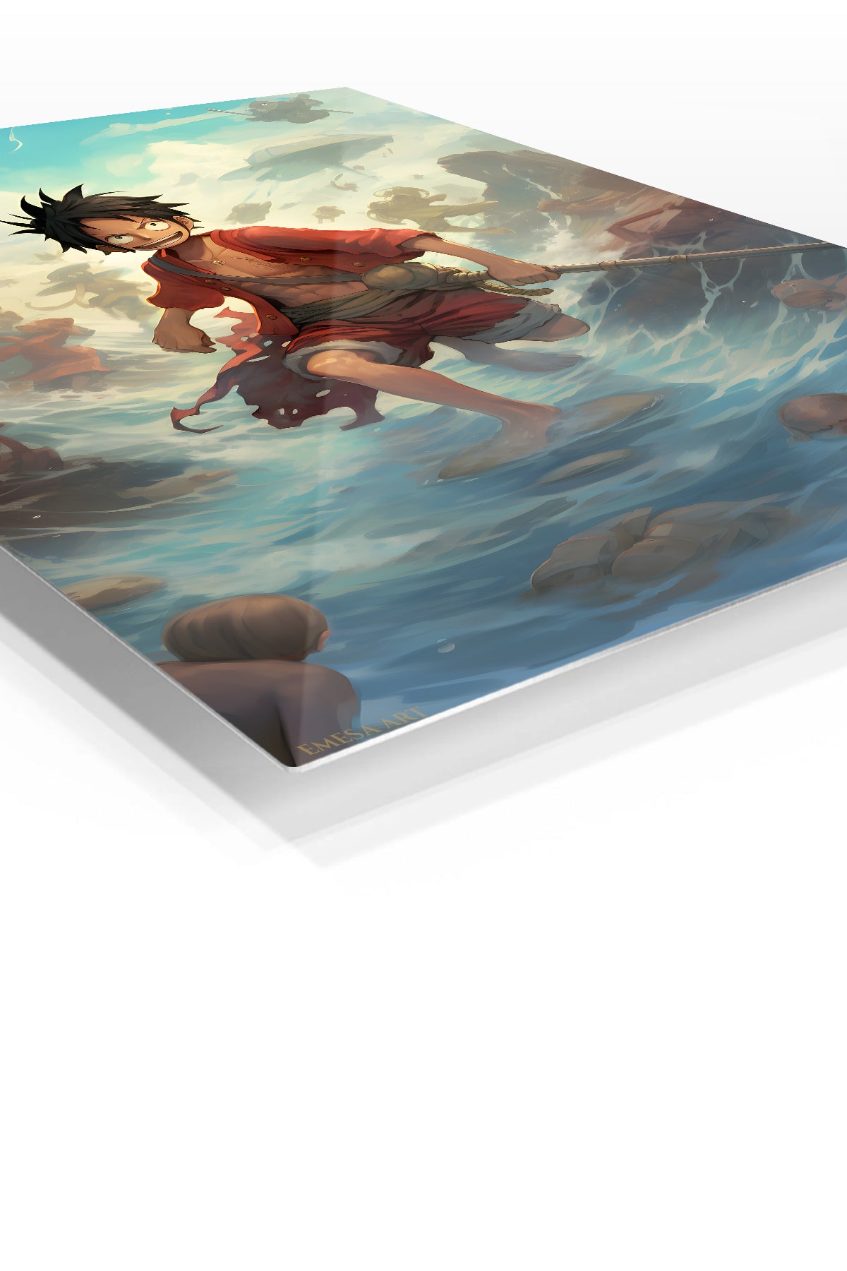 Red-Clad Sky Pirate Adventure premium metal wall art Ã¢â‚¬â€œ angled view