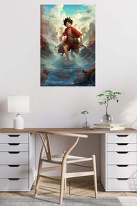 Red-Clad Sky Pirate Adventure metal wall art displayed in a contemporary living space