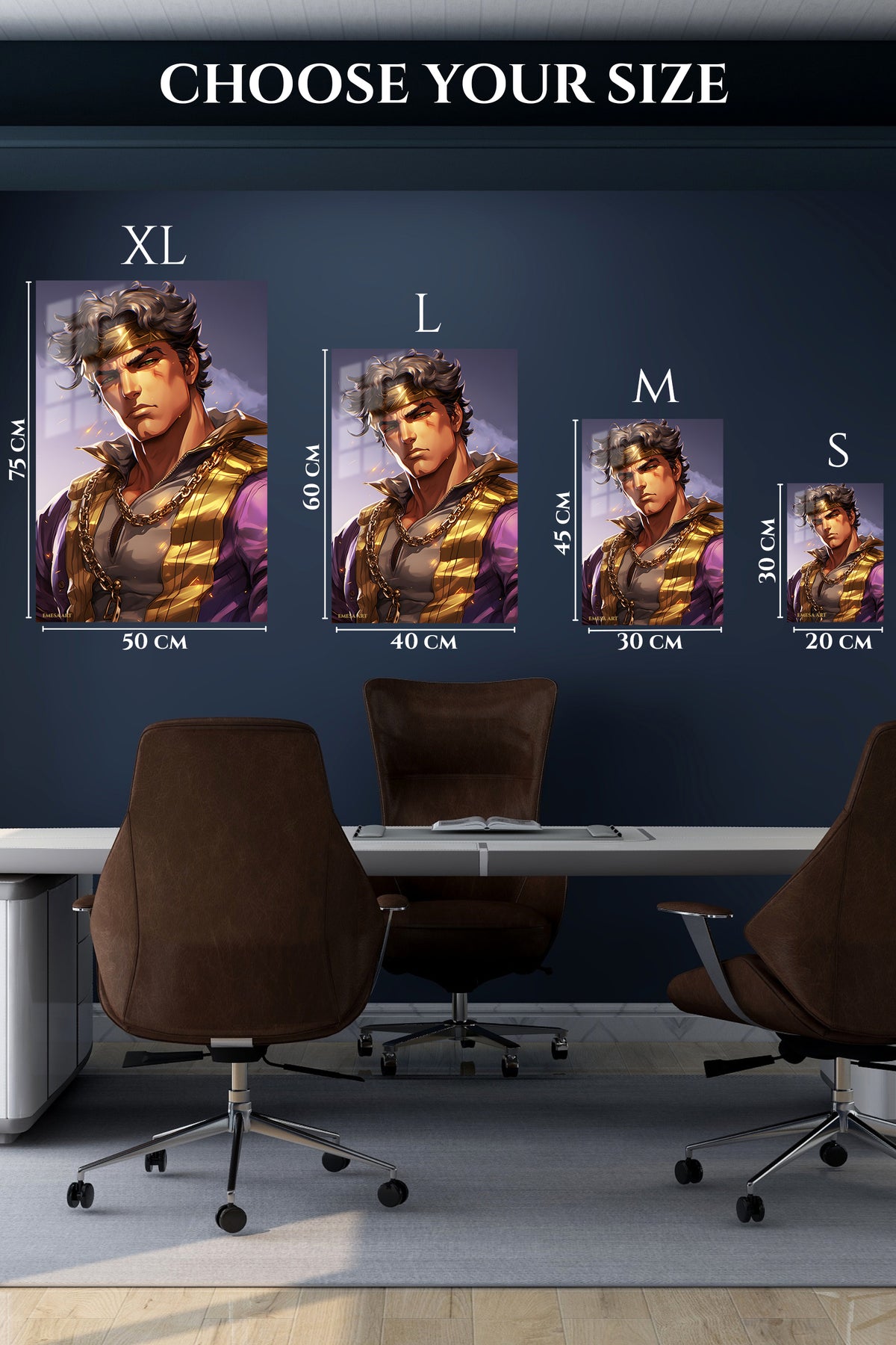EMESA metal wall art size comparison guide for Golden Headband Warrior Portrait