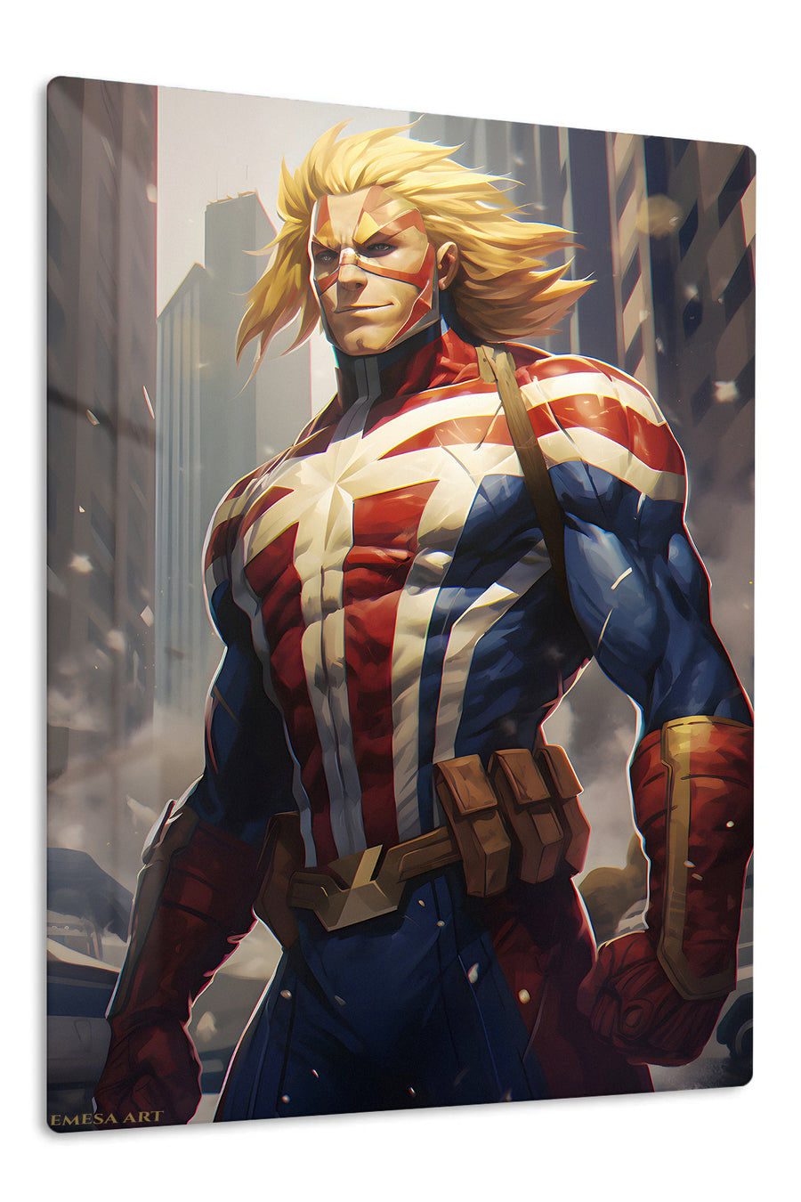 Golden-Haired City Hero premium metal wall art Ã¢â‚¬â€œ front view