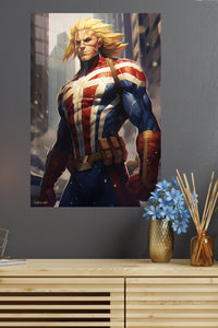 Golden-Haired City Hero metal wall art displayed in a modern interior