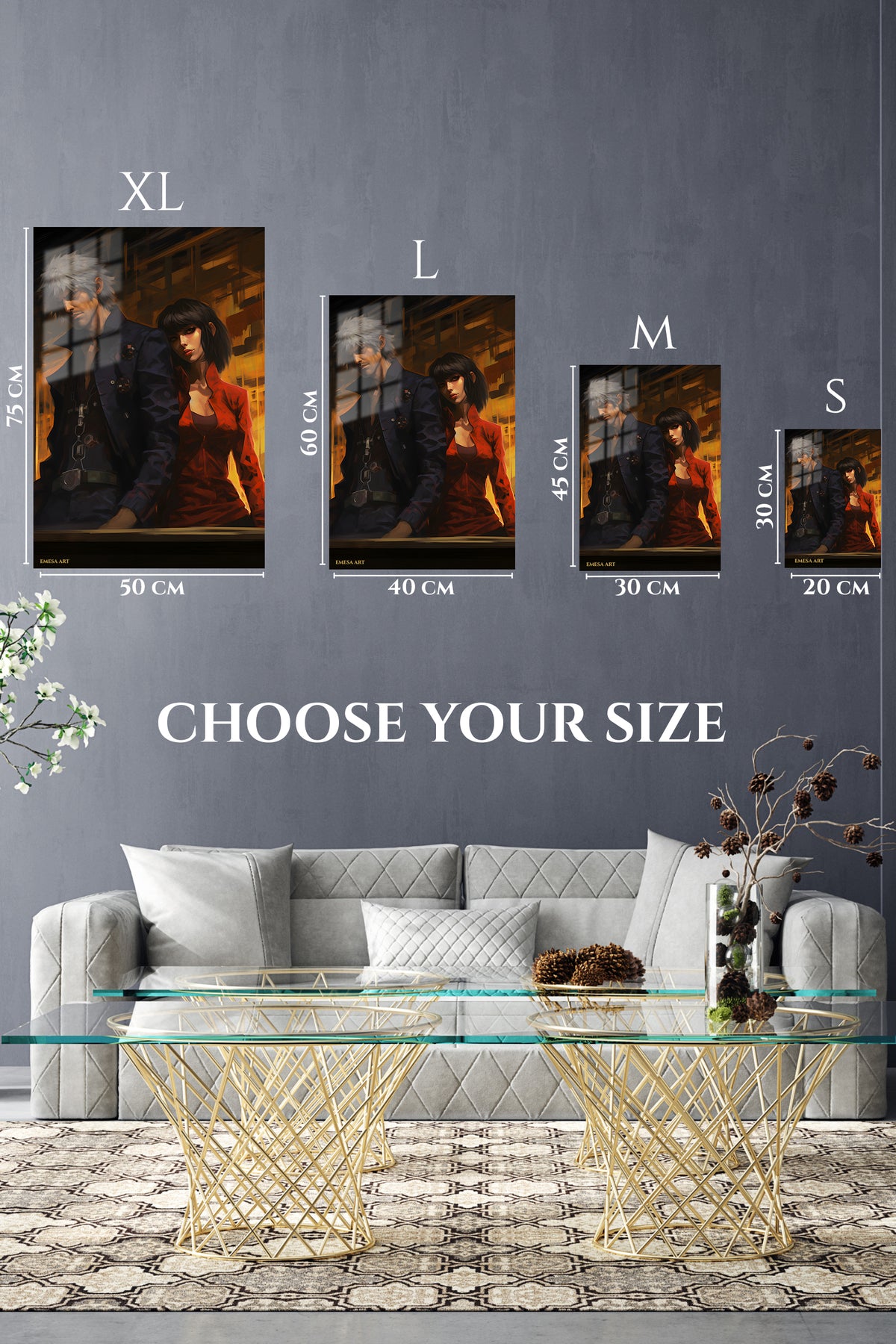EMESA metal wall art size comparison guide for Amber City Duo