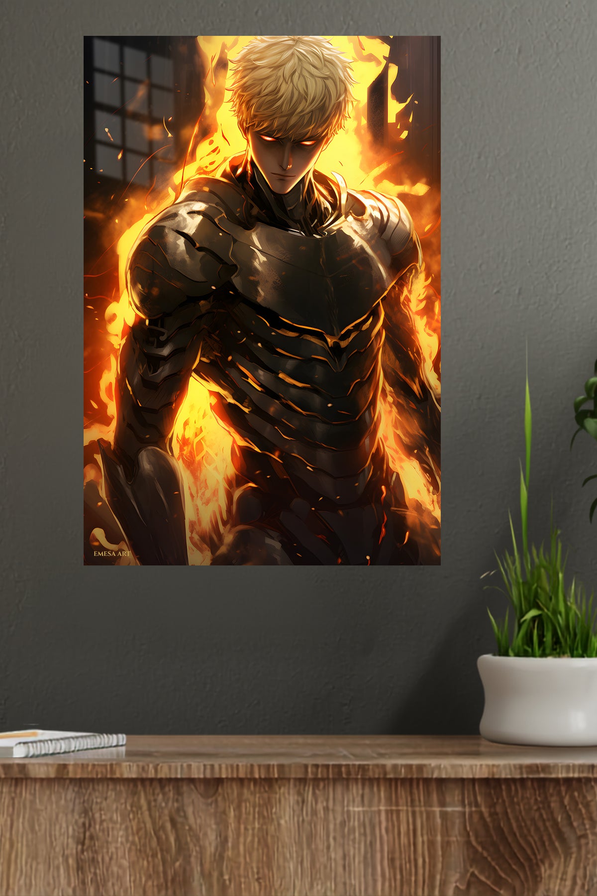 Ember-Eyed Armored Warrior metal wall art displayed in a modern interior