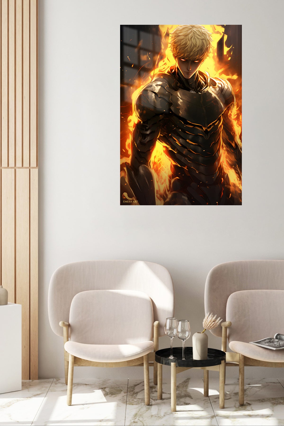 Ember-Eyed Armored Warrior metal wall art displayed in a contemporary living space