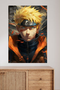 Golden-Haired Ninja Portrait metal wall art displayed in a modern interior