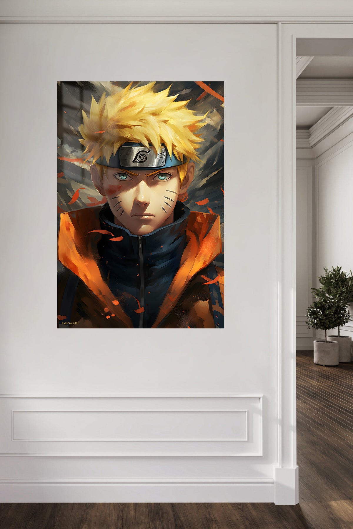 Golden-Haired Ninja Portrait metal wall art displayed in a contemporary living space