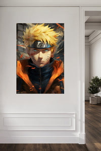 Golden-Haired Ninja Portrait metal wall art displayed in a contemporary living space