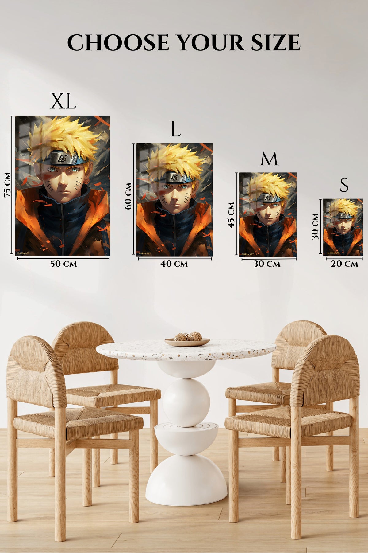 EMESA metal wall art size comparison guide for Golden-Haired Ninja Portrait
