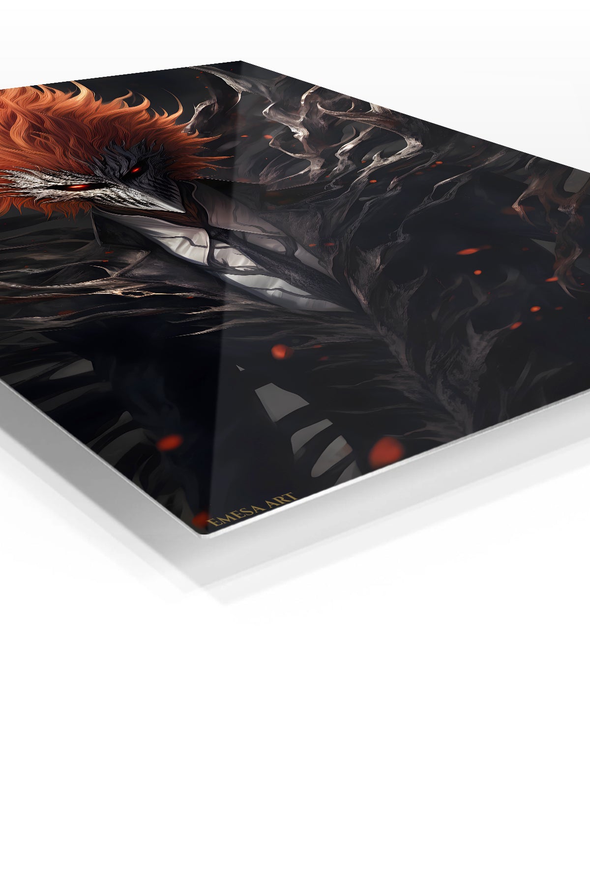Ember-Haired Masked Warrior premium metal wall art Ã¢â‚¬â€œ angled view