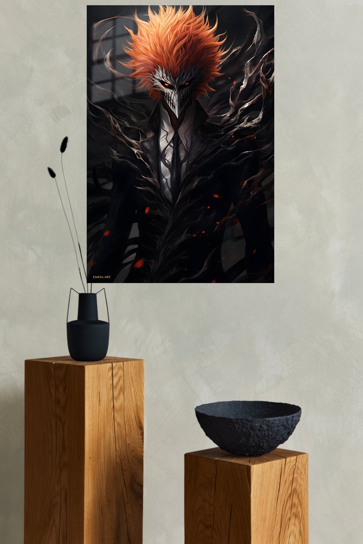 Ember-Haired Masked Warrior metal wall art displayed in a modern interior