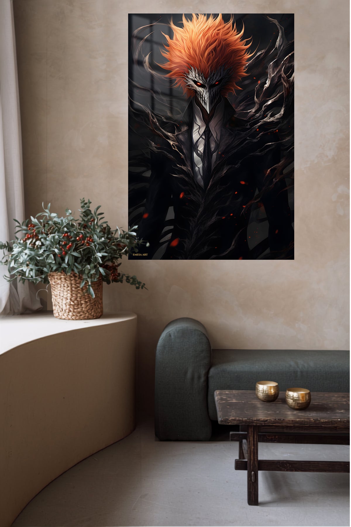 Ember-Haired Masked Warrior metal wall art displayed in a contemporary living space