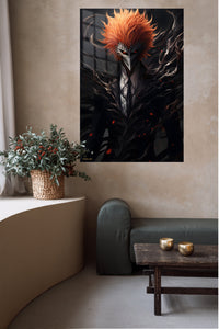 Ember-Haired Masked Warrior metal wall art displayed in a contemporary living space