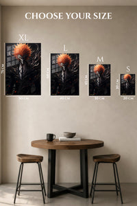 EMESA metal wall art size comparison guide for Ember-Haired Masked Warrior