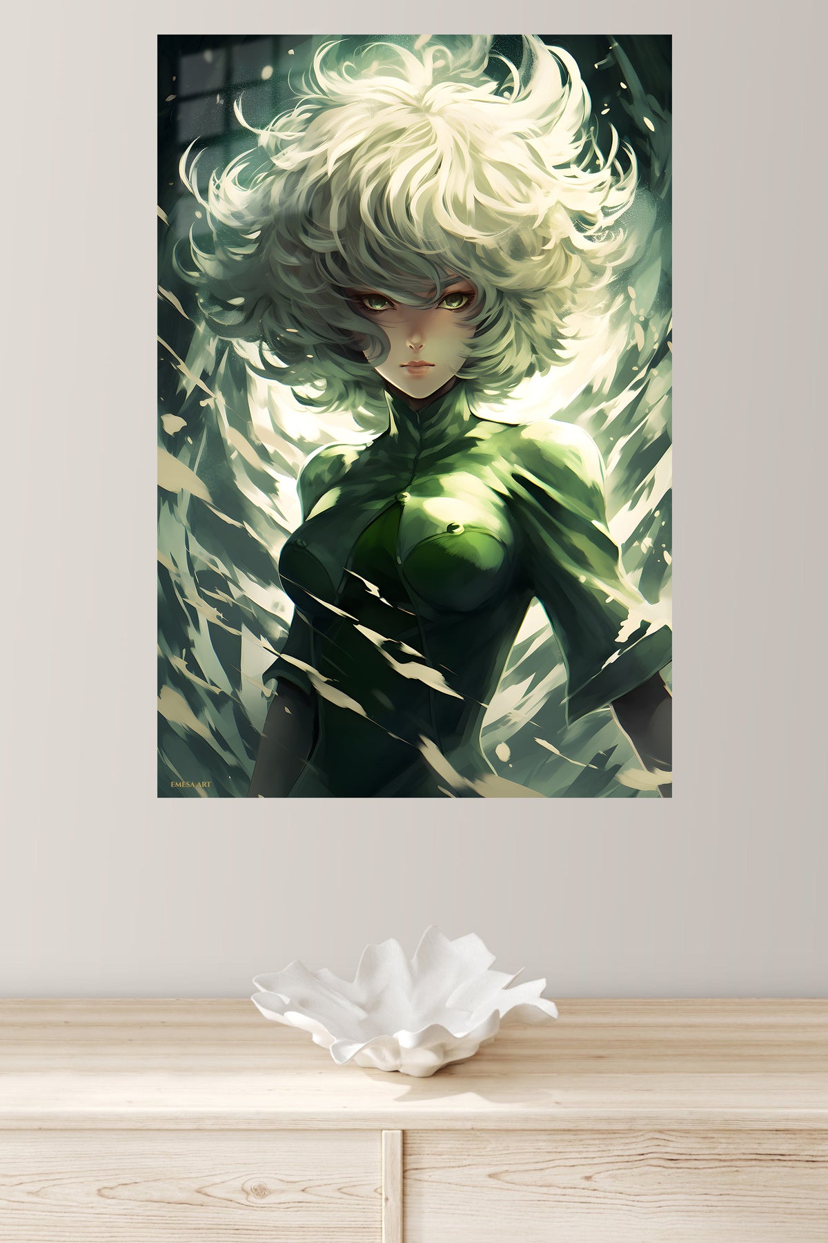 Emerald Wind Guardian metal wall art displayed in a modern interior