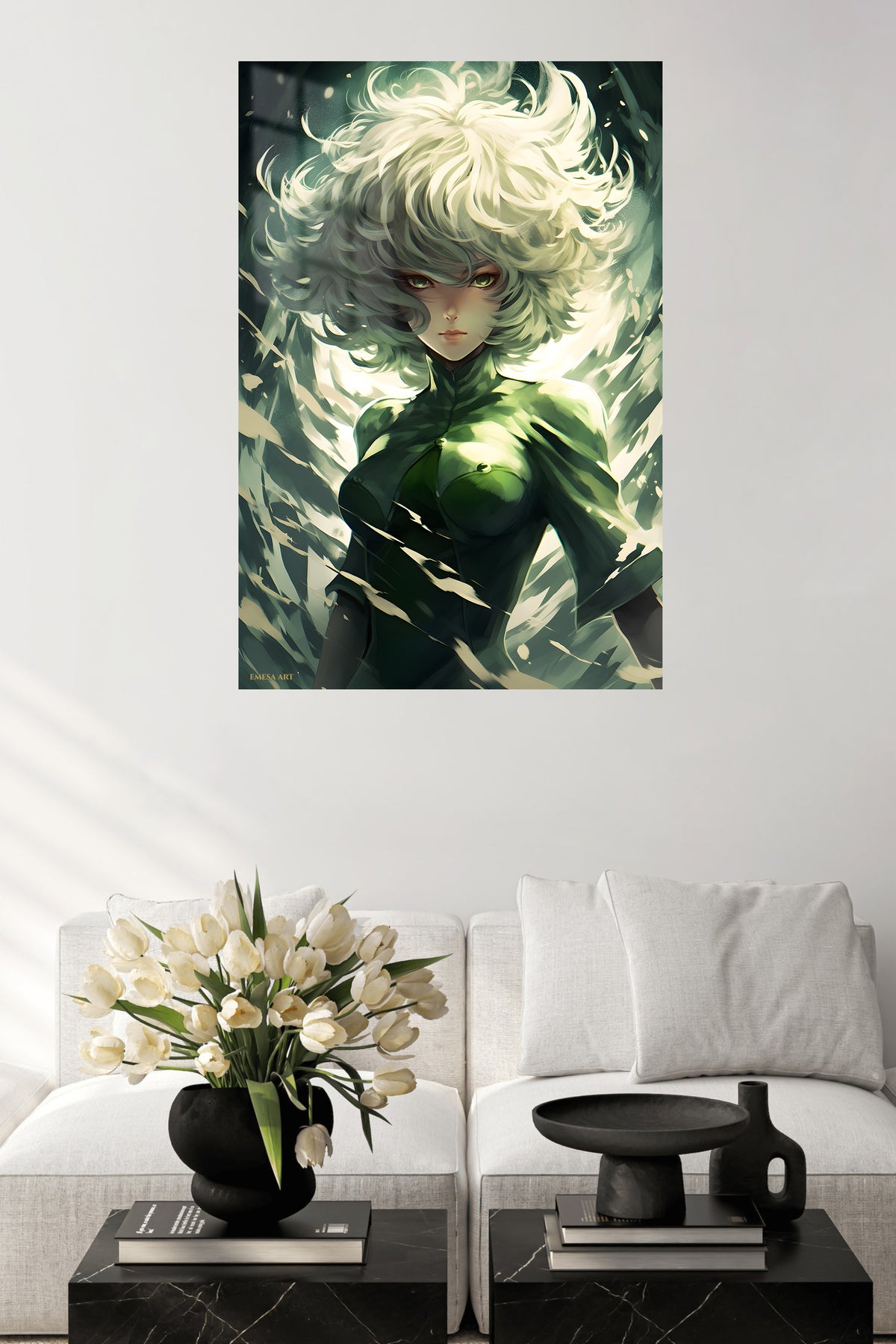 Emerald Wind Guardian metal wall art displayed in a contemporary living space