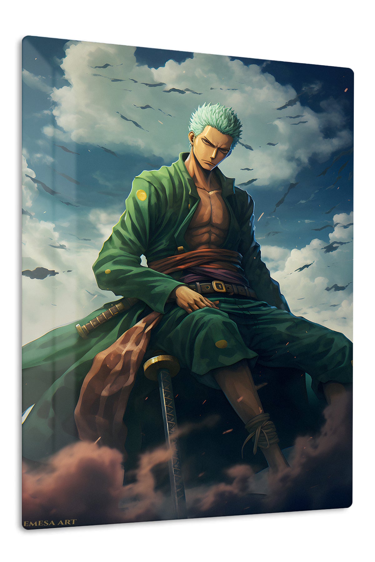 Emerald Swordsman Beneath Storm Clouds premium metal wall art Ã¢â‚¬â€œ front view