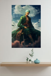 Emerald Swordsman Beneath Storm Clouds metal wall art displayed in a modern interior