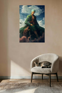 Emerald Swordsman Beneath Storm Clouds metal wall art displayed in a contemporary living space