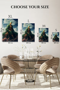 EMESA metal wall art size comparison guide for Emerald Swordsman Beneath Storm Clouds