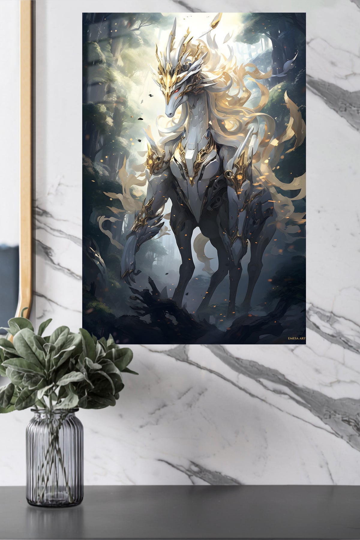 Golden Crown Forest Guardian metal wall art displayed in a modern interior