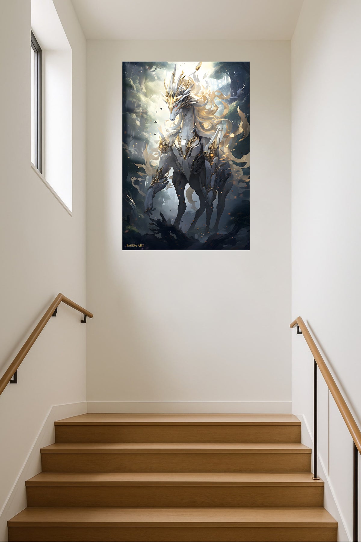 Golden Crown Forest Guardian metal wall art displayed in a contemporary living space