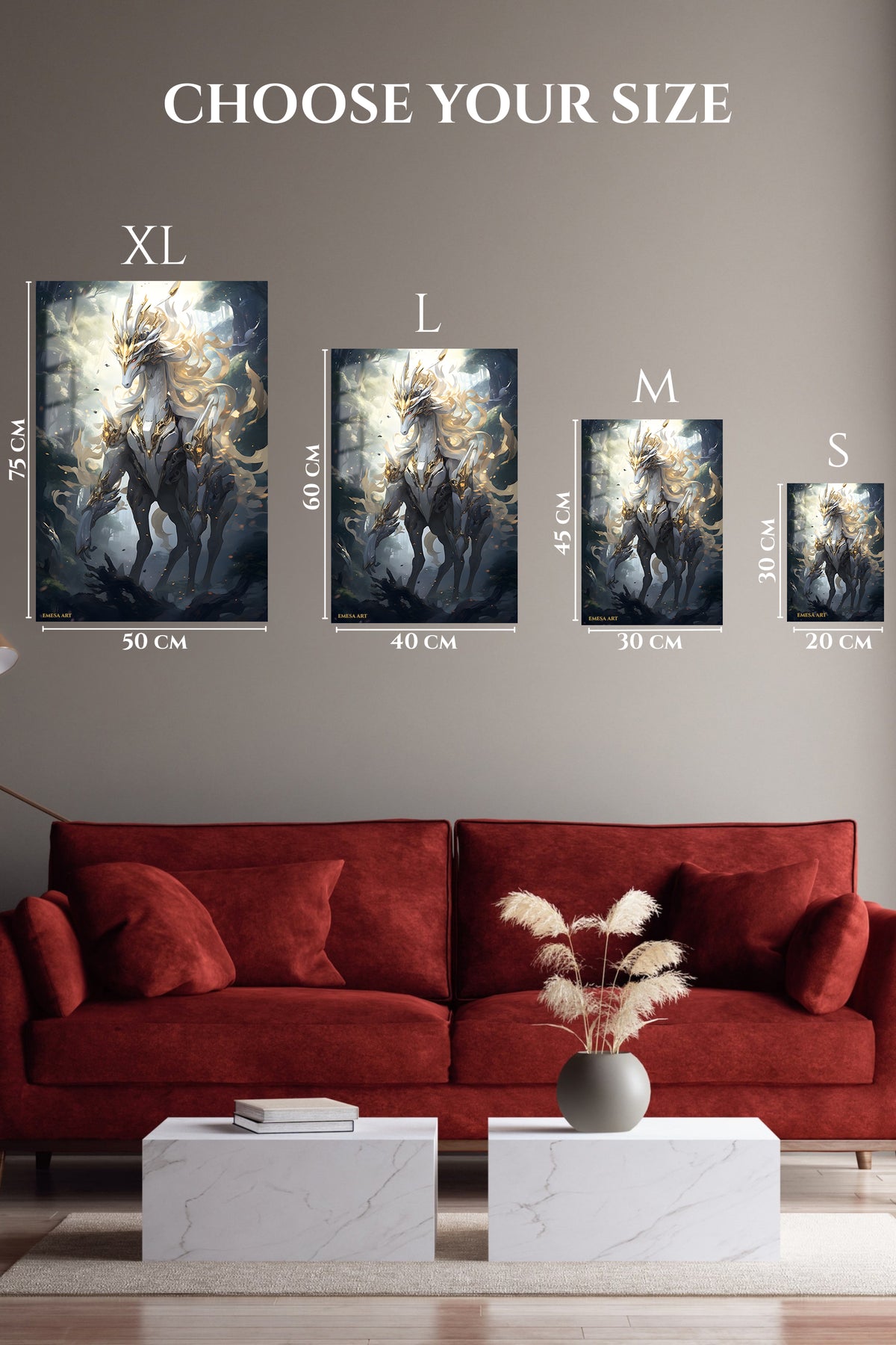 EMESA metal wall art size comparison guide for Golden Crown Forest Guardian