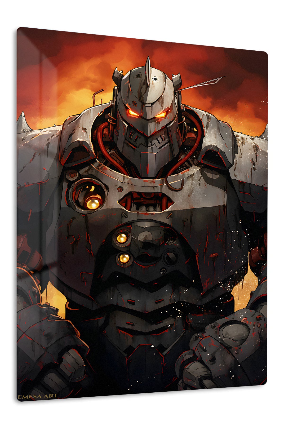 Ember-Eyed Battle Mech premium metal wall art Ã¢â‚¬â€œ front view